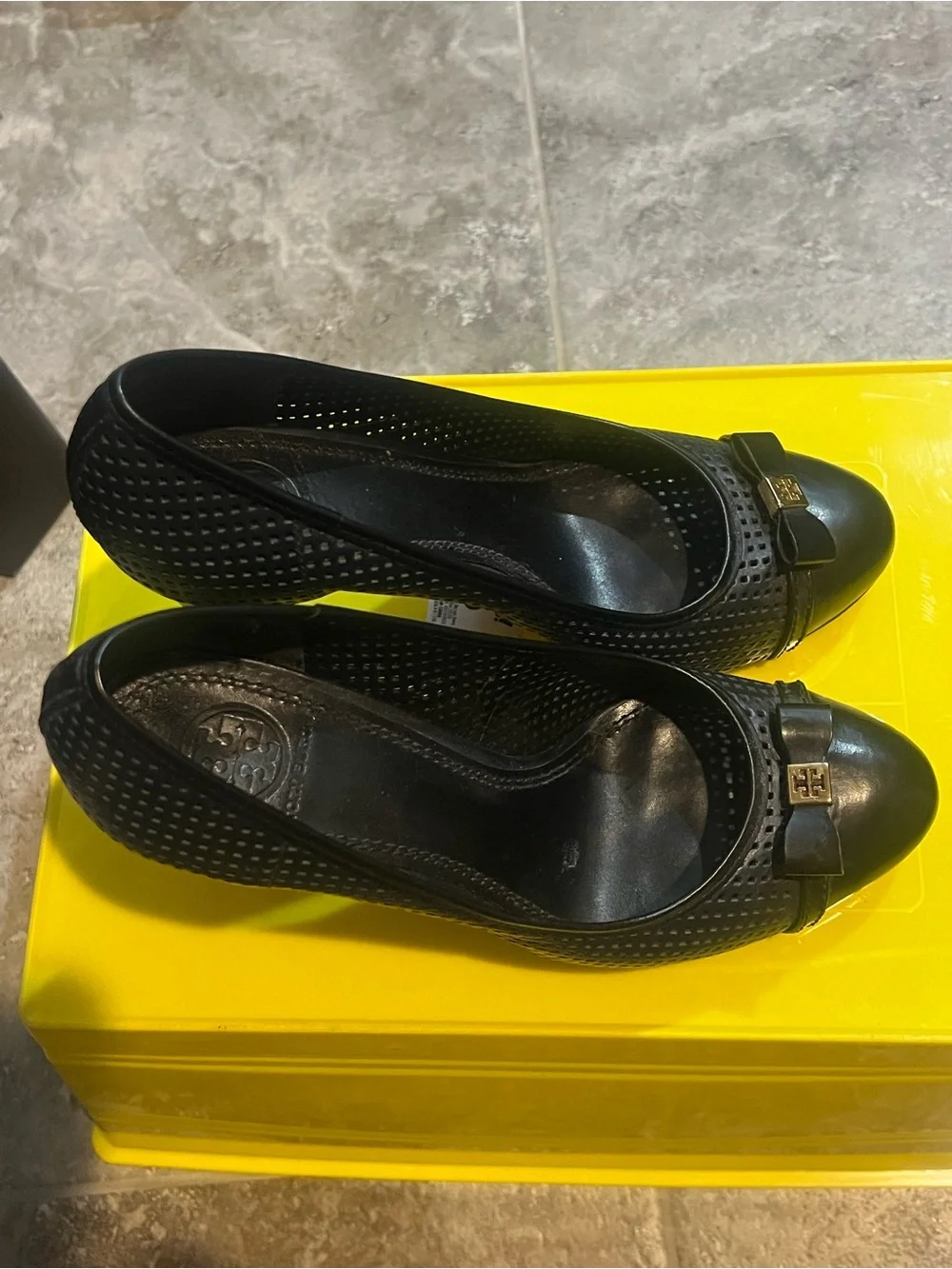 Tory Burch Black Perforated Leather Ballet Flats with Gold Logo